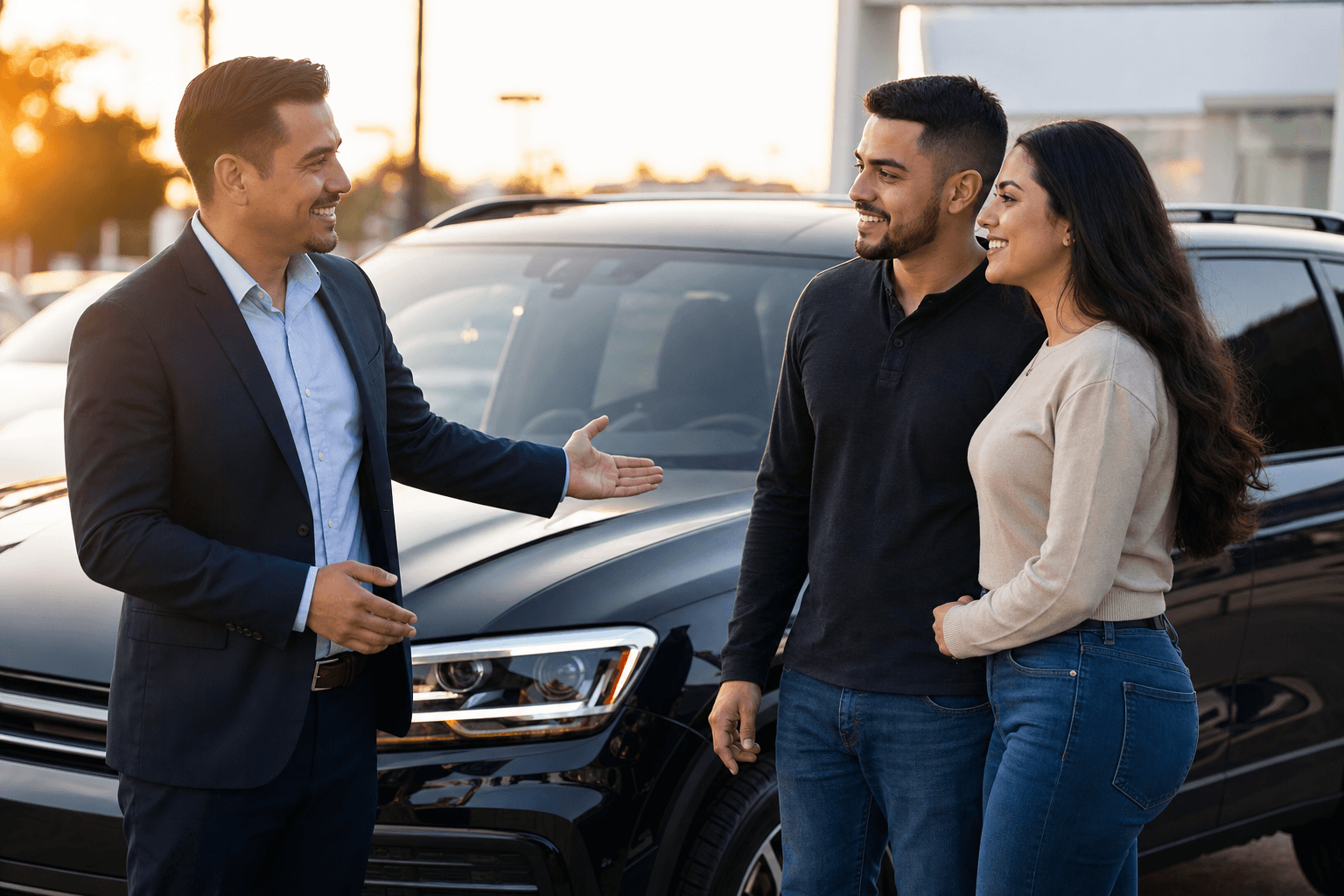 Hablo Car Sales advisor building trust with buyers beside a vehicle